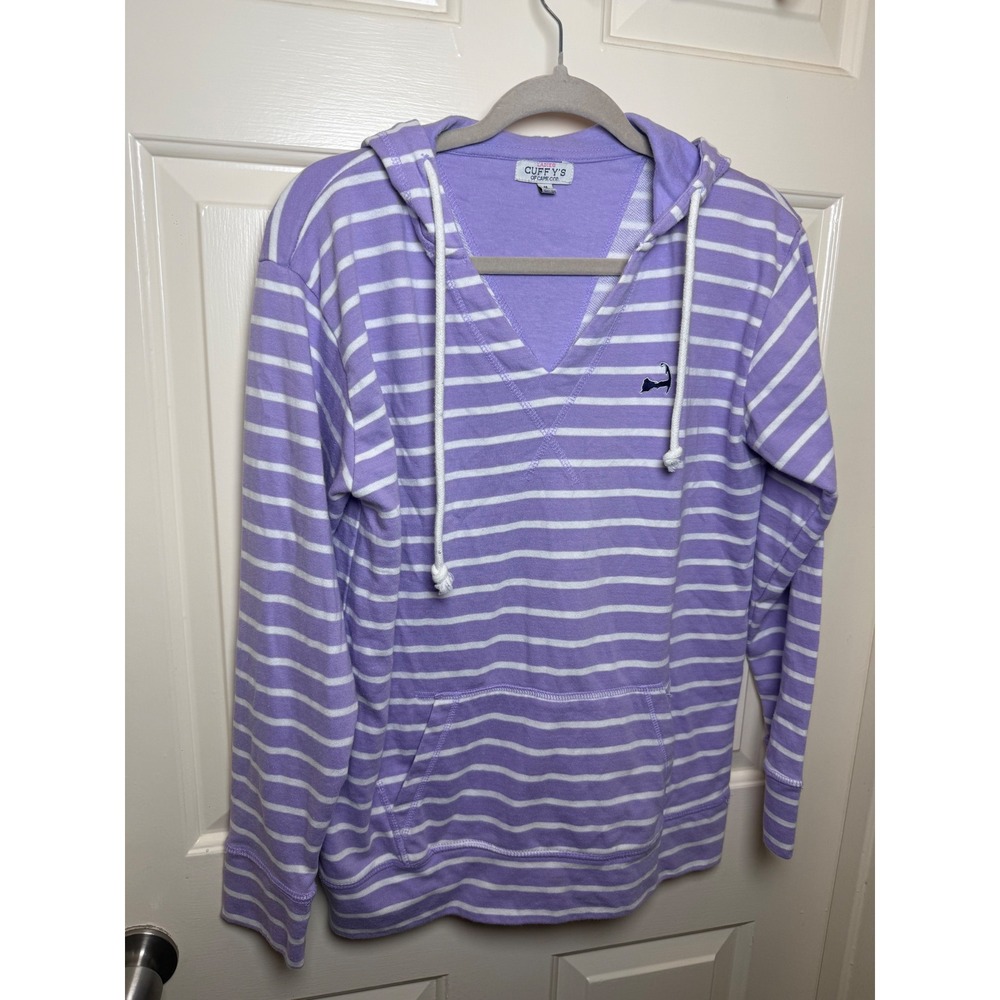 Cuffy's of Cape Cod Purple Striped V-Neck Hoodie Sweatshirt